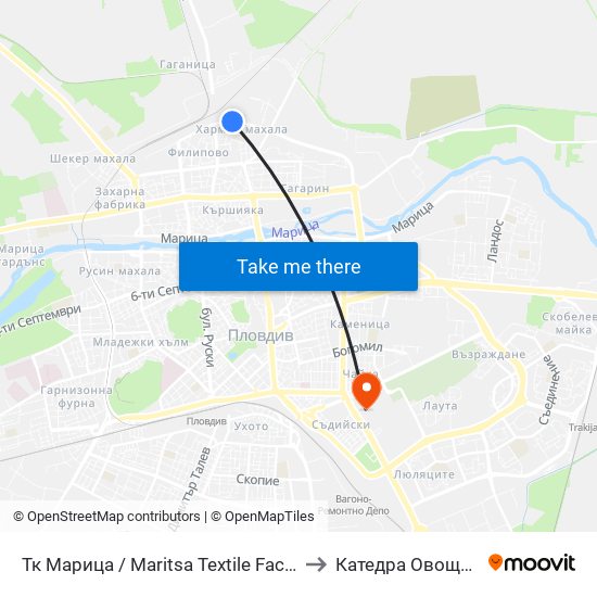 Тк Марица / Maritsa Textile Factory (1005) to Катедра Овощарство map