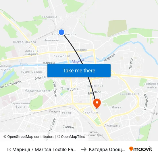 Тк Марица / Maritsa Textile Factory (1005) to Катедра Овощарство map
