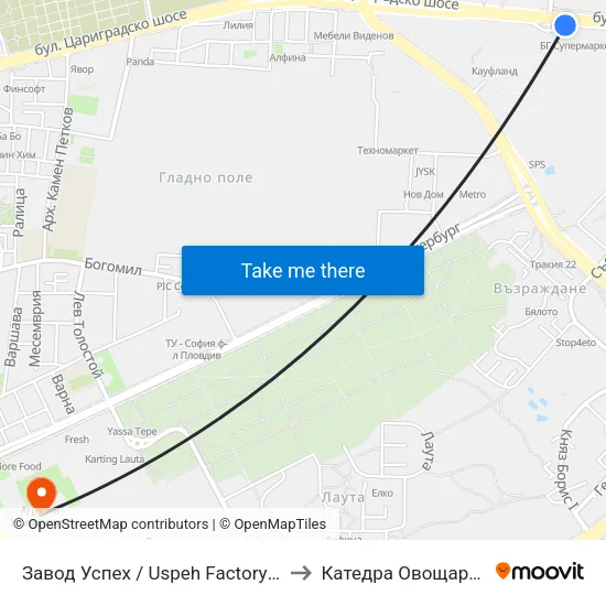 Завод Успех / Uspeh Factory (347) to Катедра Овощарство map