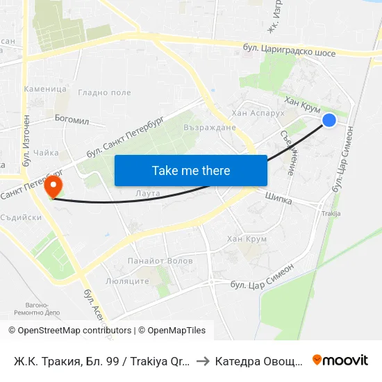 Ж.К. Тракия, Бл. 99 / Trakiya Qr, Bl. 99  (75) to Катедра Овощарство map