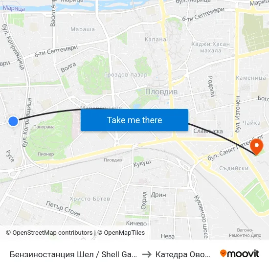 Бензиностанция Шел / Shell Gas Station (244) to Катедра Овощарство map