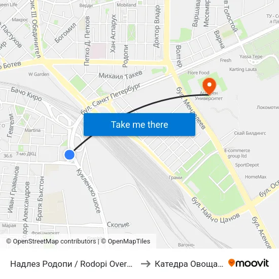 Надлез Родопи / Rodopi Overpass (382) to Катедра Овощарство map