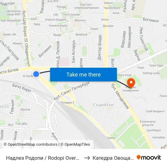 Надлез Родопи / Rodopi Overpass (375) to Катедра Овощарство map