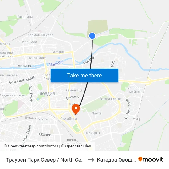 Траурен Парк Север / North Cemetery (1019) to Катедра Овощарство map