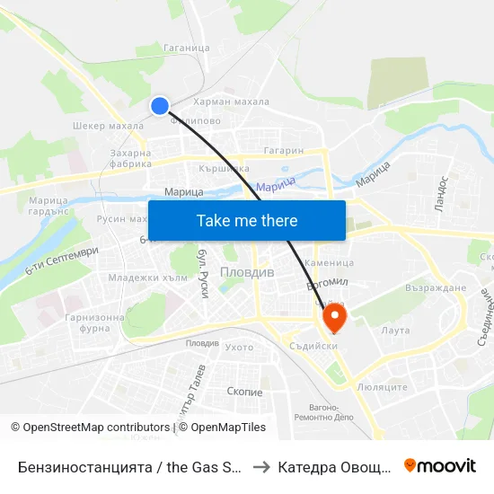 Бензиностанцията / the Gas Station (454) to Катедра Овощарство map