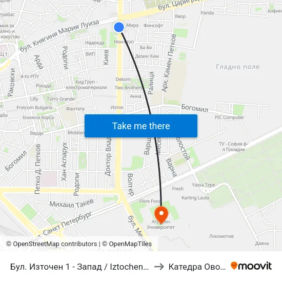 Бул. Източен 1 - Запад / Iztochen Blvd. 1 - West (251) to Катедра Овощарство map