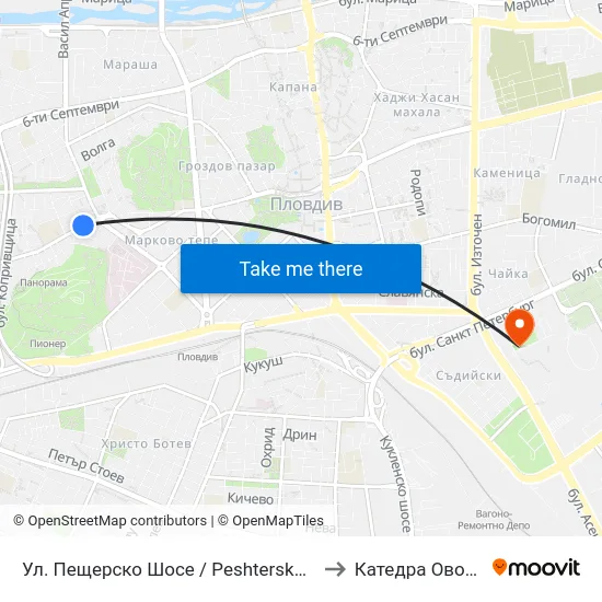 Ул. Пещерско Шосе / Peshtersko Shosse St. (170) to Катедра Овощарство map