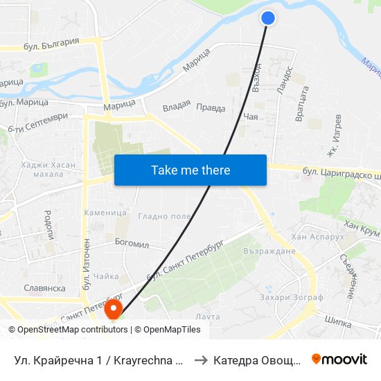 Ул. Крайречна 1 / Krayrechna St. 1 (4009) to Катедра Овощарство map