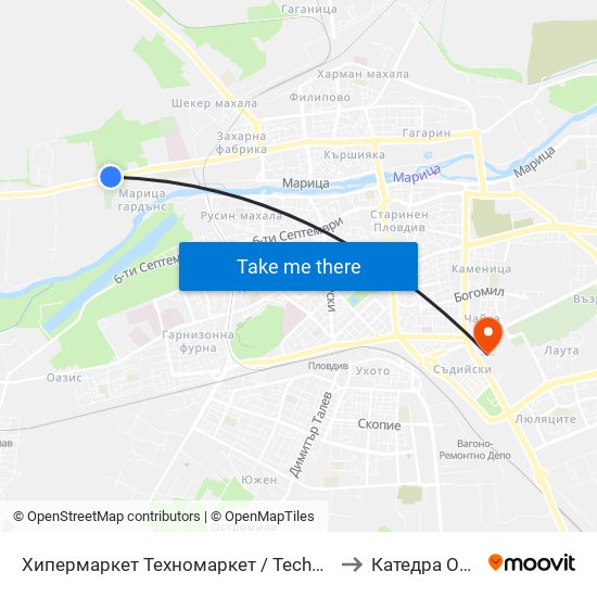 Хипермаркет Техномаркет / Technomarket Hypermarket (336) to Катедра Овощарство map