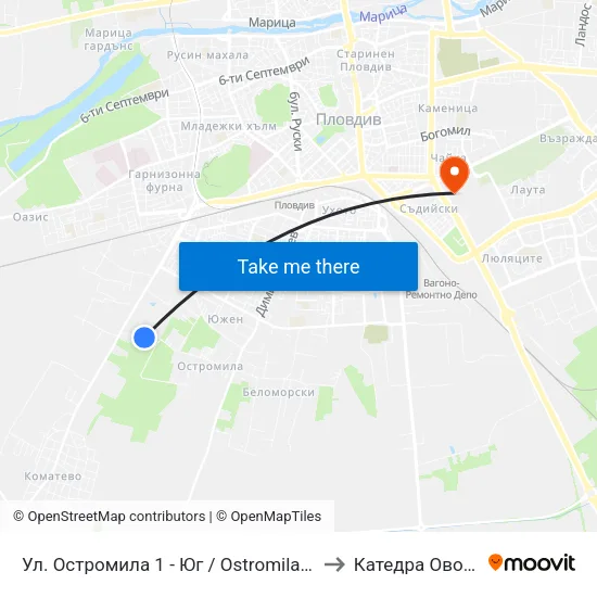 Ул. Остромила 1 - Юг / Ostromila St. 1 - South (475) to Катедра Овощарство map