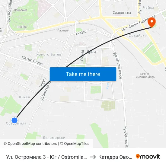 Ул. Остромила 3 - Юг / Ostromila St. 3 - South (477) to Катедра Овощарство map