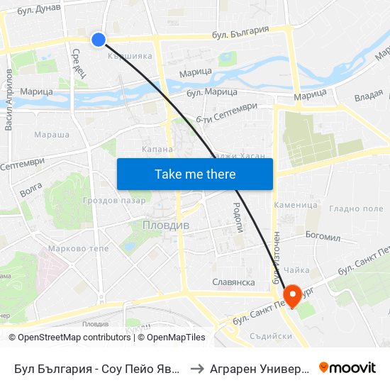 Бул България - Соу Пейо Яворов / Bulgaria Blvd - Peyo Yavorov School (90) to Аграрен Университет (Agricultural University) map