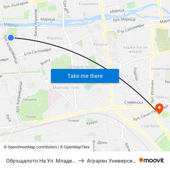 Обръщалото На Ул. Младежка / Mladezhka St. Turn Spot (1022) to Аграрен Университет (Agricultural University) map