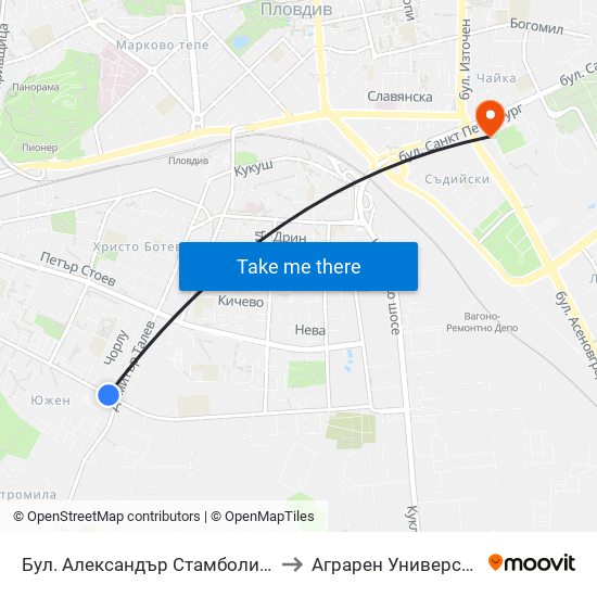 Бул. Александър Стамболийски / Alexander Stamboliyski Blvd. (19) to Аграрен Университет (Agricultural University) map