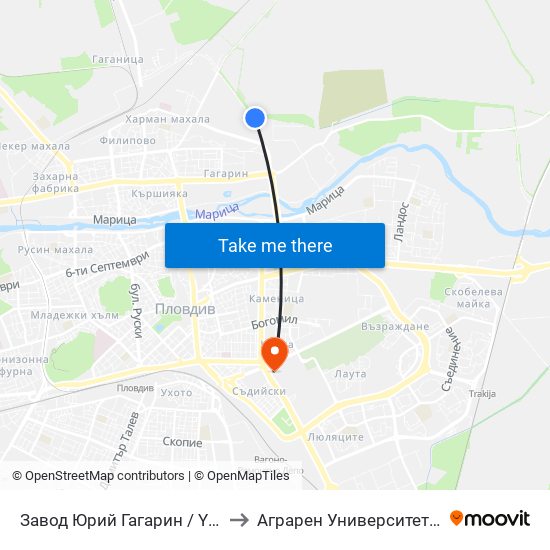 Завод Юрий Гагарин / Yuri Gagarin Factory (1007) to Аграрен Университет (Agricultural University) map