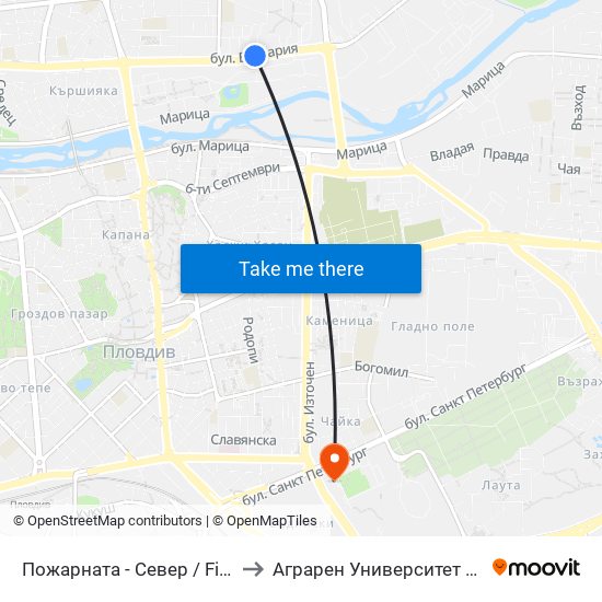 Пожарната - Север / Fire Station - North (184) to Аграрен Университет (Agricultural University) map