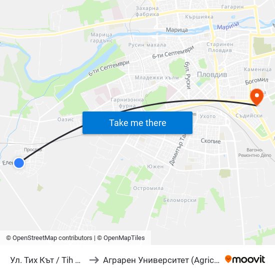 Ул. Тих Кът / Tih Kat St. (485) to Аграрен Университет (Agricultural University) map