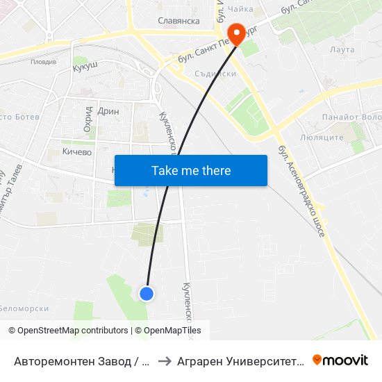 Авторемонтен Завод / Auto Repair Factory (472) to Аграрен Университет (Agricultural University) map