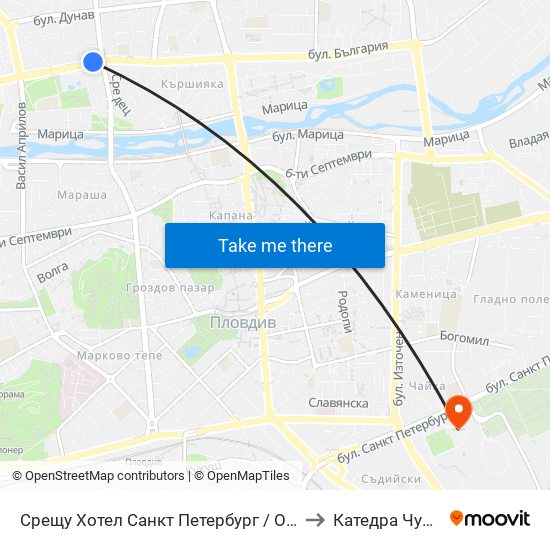 Срещу Хотел Санкт Петербург / Opposite Saint Petersburg Hotel (91) to Катедра Чужди Езици - АУ map