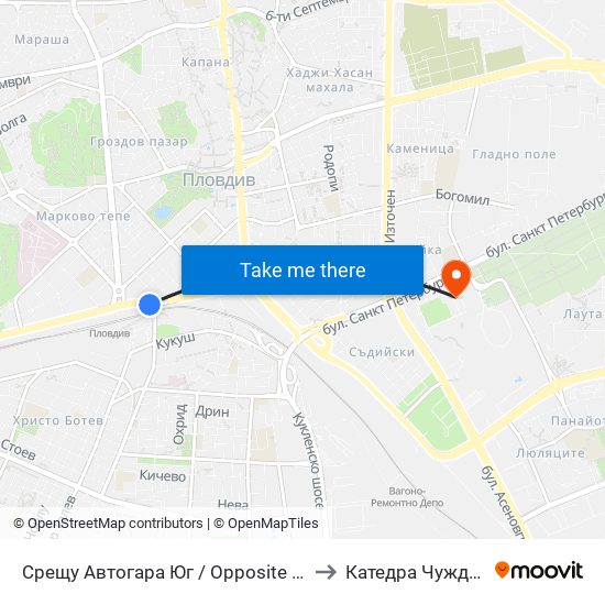 Срещу Автогара Юг / Opposite South Bus Station (206) to Катедра Чужди Езици - АУ map
