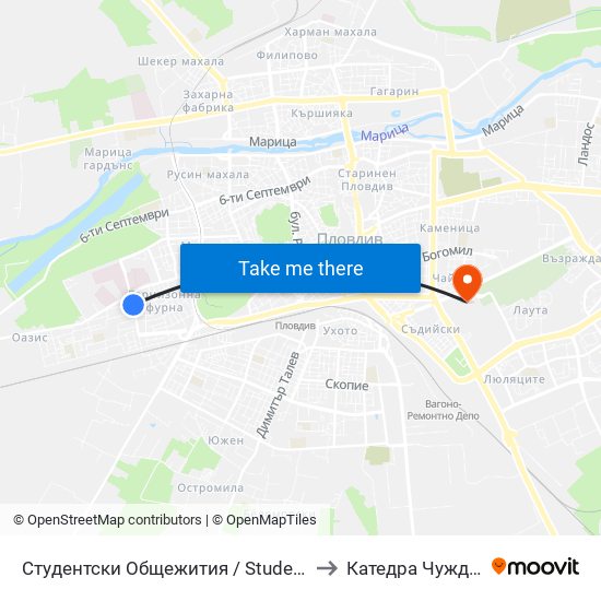 Студентски Общежития / Student Accommodation (389) to Катедра Чужди Езици - АУ map