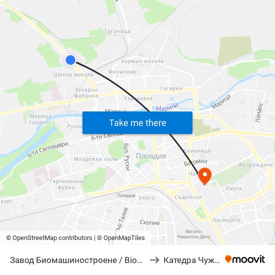 Завод Биомашиностроене / Biomashinostroene Factory (1017) to Катедра Чужди Езици - АУ map