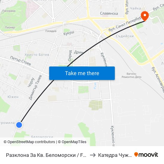 Разклона За Кв. Беломорски / Fork Road To Belomorski Qr (197) to Катедра Чужди Езици - АУ map