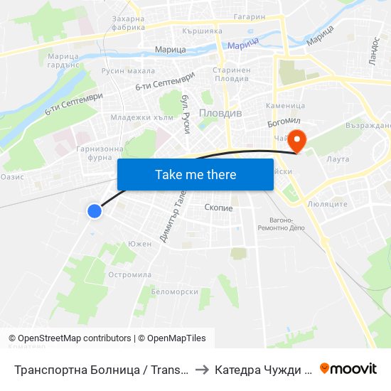 Транспортна Болница / Transport Hospital (23) to Катедра Чужди Езици - АУ map