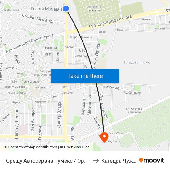 Срещу Автосервиз Румекс / Opposite Rumeks Car Service (437) to Катедра Чужди Езици - АУ map