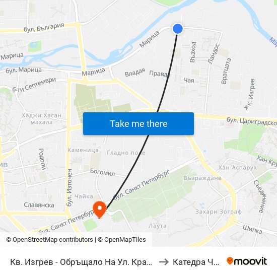 Кв. Изгрев - Обръщало На Ул. Крайна / Izgrev Qr. - Krayna St. Turn Spot (1008) to Катедра Чужди Езици - АУ map