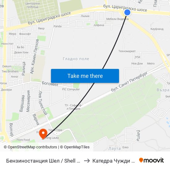 Бензиностанция Шел / Shell Gas Station(126) to Катедра Чужди Езици - АУ map