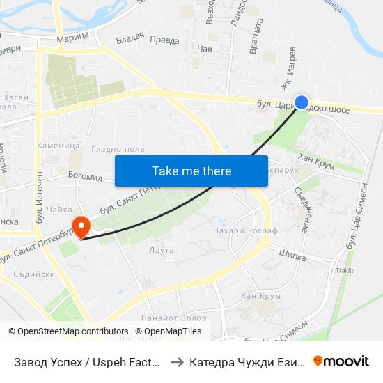 Завод Успех / Uspeh Factory (342) to Катедра Чужди Езици - АУ map