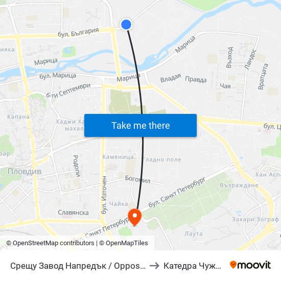 Срещу Завод Напредък / Opposite Napredak Factory (183) to Катедра Чужди Езици - АУ map