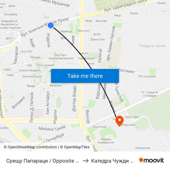 Срещу Папараци / Opposite Paparazzi (250) to Катедра Чужди Езици - АУ map