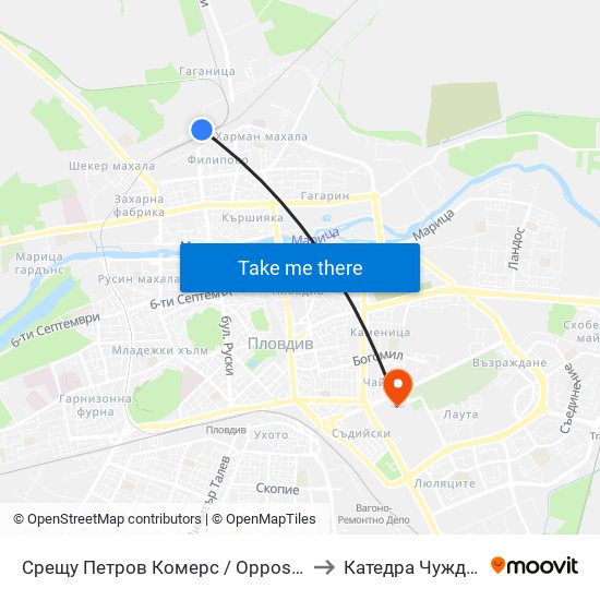 Срещу Петров Комерс / Opposite Petrov Komers (455) to Катедра Чужди Езици - АУ map