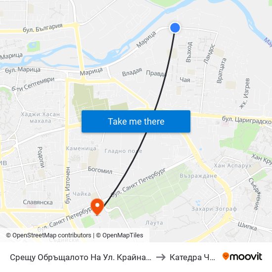 Срещу Обръщалото На Ул. Крайна / Opposite the Turn Spot Of Krayna St. (411) to Катедра Чужди Езици - АУ map