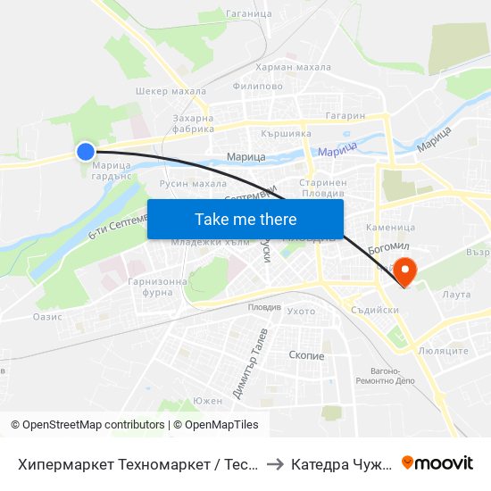 Хипермаркет Техномаркет / Technomarket Hypermarket (336) to Катедра Чужди Езици - АУ map