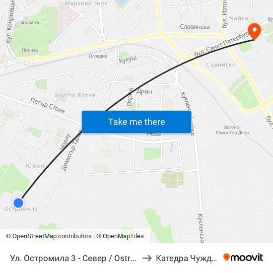 Ул. Остромила 3 - Север / Ostromila St. 3 - North (478) to Катедра Чужди Езици - АУ map