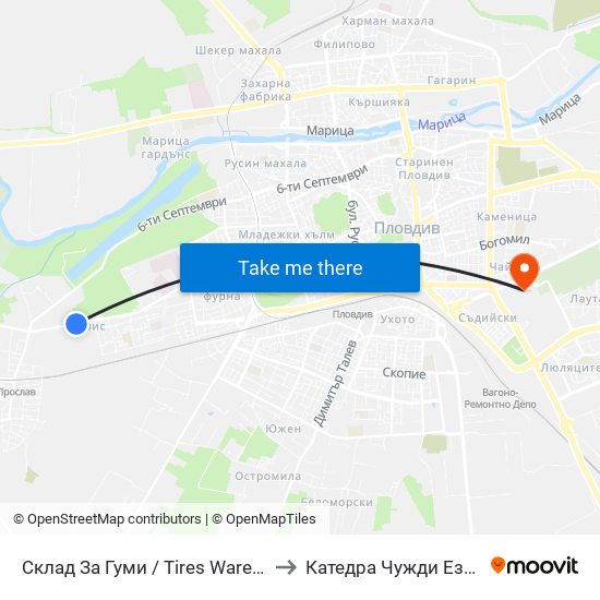 Склад За Гуми / Tires Warehouse (69) to Катедра Чужди Езици - АУ map