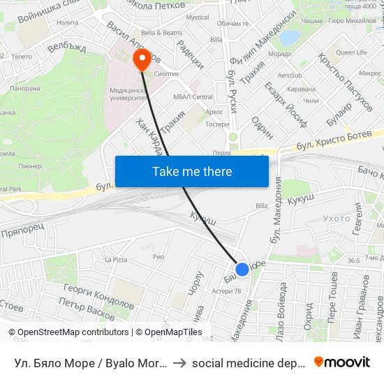 Ул. Бяло Море / Byalo More St. (16) to social medicine department map