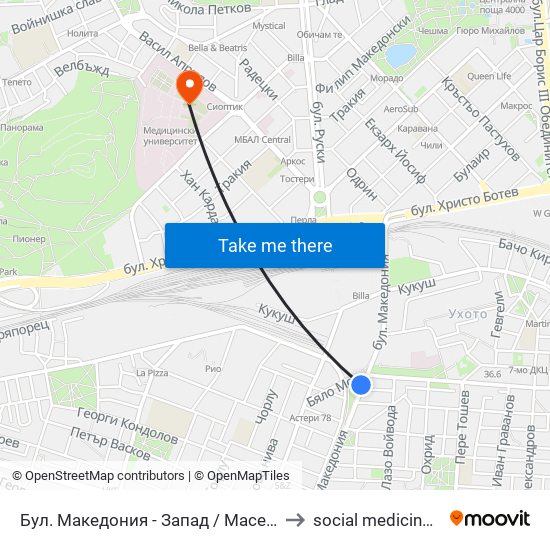 Бул. Македония - Запад / Macedonia Blvd - West (369) to social medicine department map