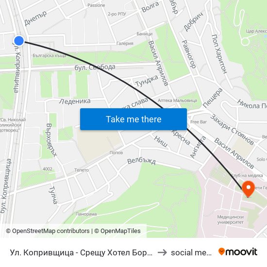 Ул. Копривщица - Срещу Хотел Бордо / Koprivshtitsa St. - Opposite Bordeaux Hotel (313) to social medicine department map