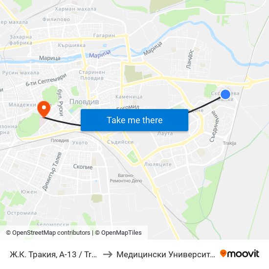 Ж.К. Тракия, А-13 / Trakiya Qr, A-13 (1009) to Медицински Университет (Medical University) map