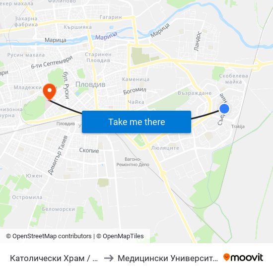 Католически Храм / Catholic Church (77) to Медицински Университет (Medical University) map