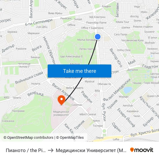 Пианото / the Piano (156) to Медицински Университет (Medical University) map
