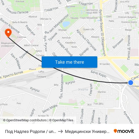 Под Надлез Родопи / under Rodopi Overpass (101) to Медицински Университет (Medical University) map