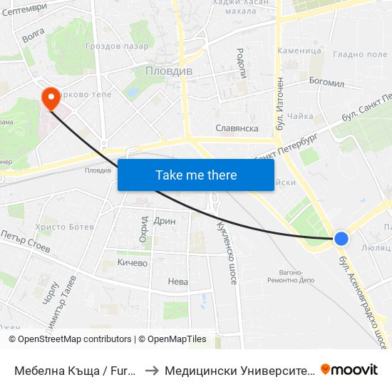Мебелна Къща / Furniture House (105) to Медицински Университет (Medical University) map