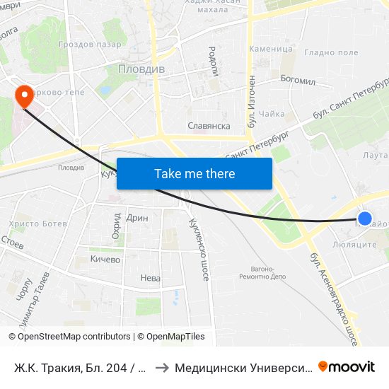 Ж.К. Тракия, Бл. 204 / Trakiya Qr, Bl. 204 (351) to Медицински Университет (Medical University) map