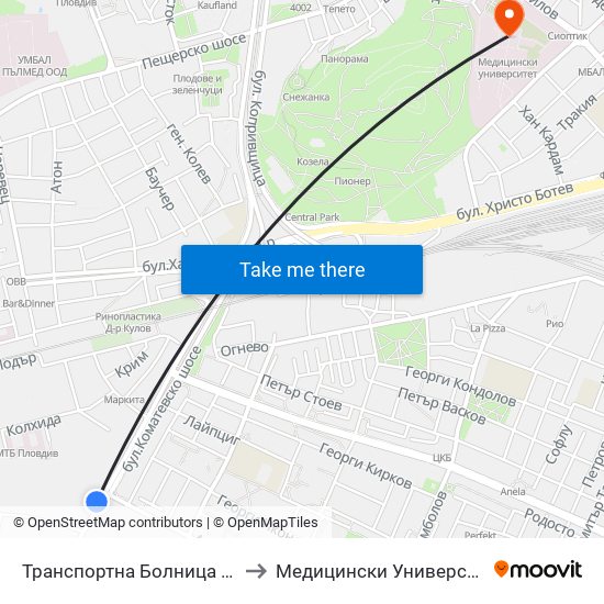 Транспортна Болница / Transport Hospital (23) to Медицински Университет (Medical University) map