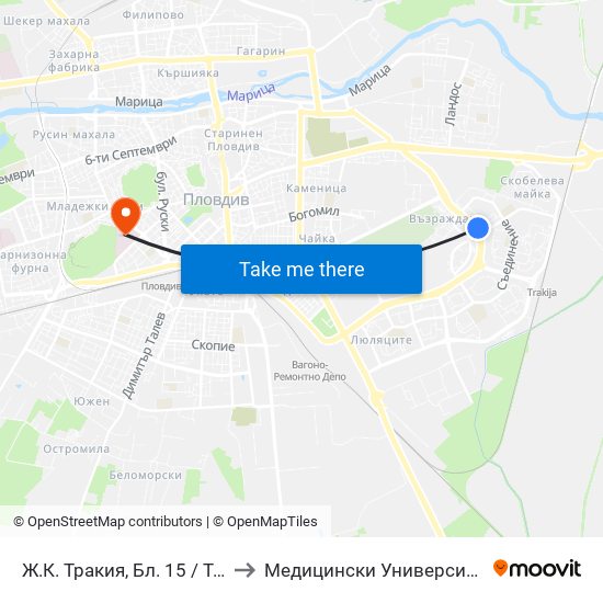 Ж.К. Тракия, Бл. 15 / Trakiya Qr, Bl. 15 (360) to Медицински Университет (Medical University) map